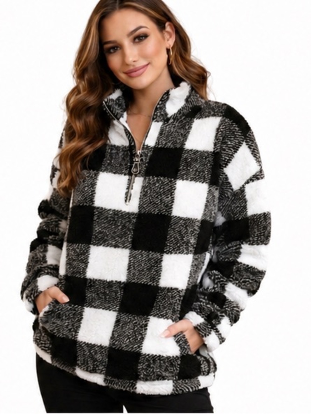 LOFT Black and White Fuzzy Sherpa 1/4 Zip Pullover